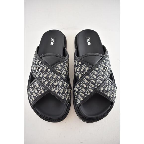 Dior Mens Aqua Sandal Beige Black Blue Oblique Jacquard Logo Slide Slip On 42 9 - Picture 7 of 16